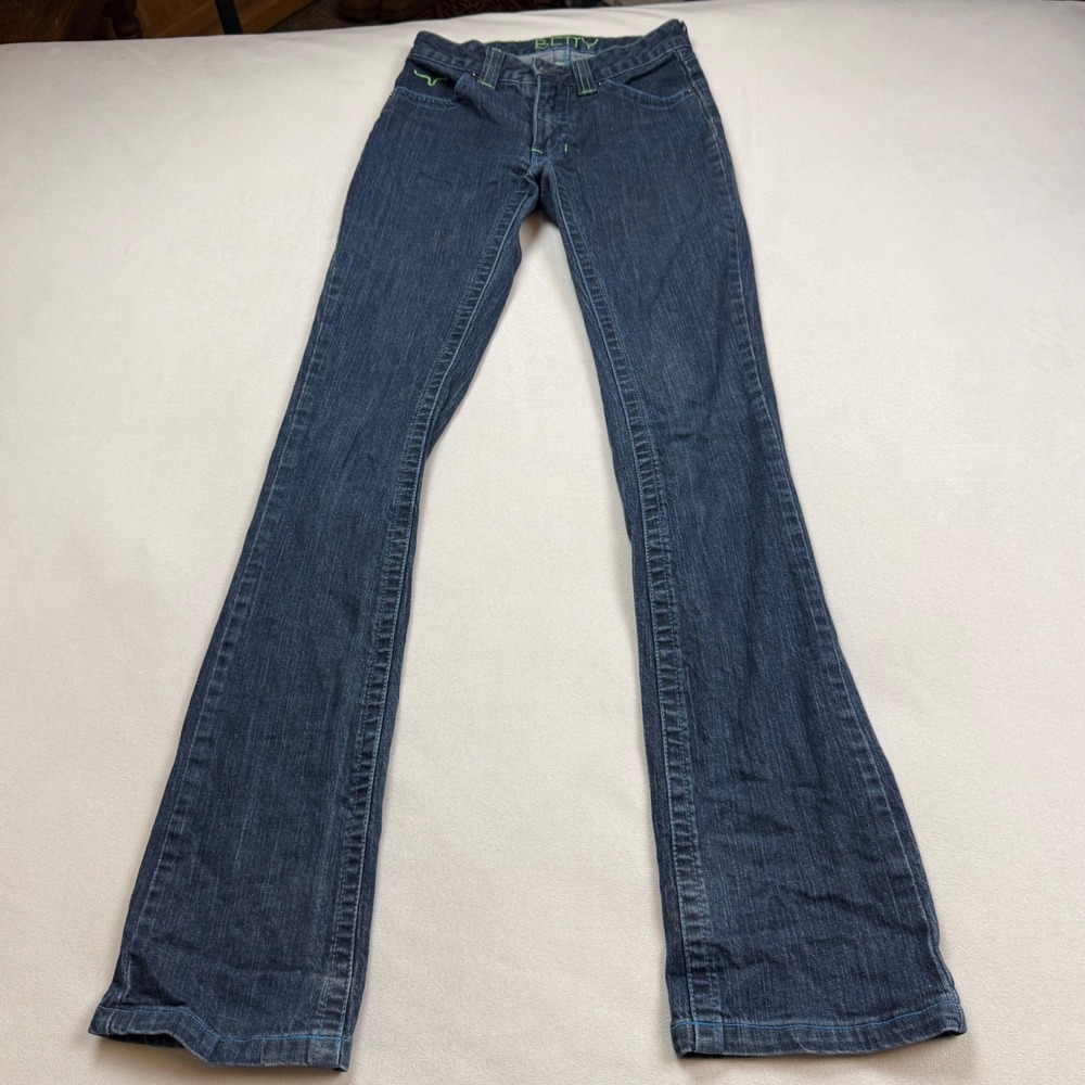 Kimes Ranch Betty Jeans Womens 000/34 Dark Wash Bootcut Neon Green Stitching